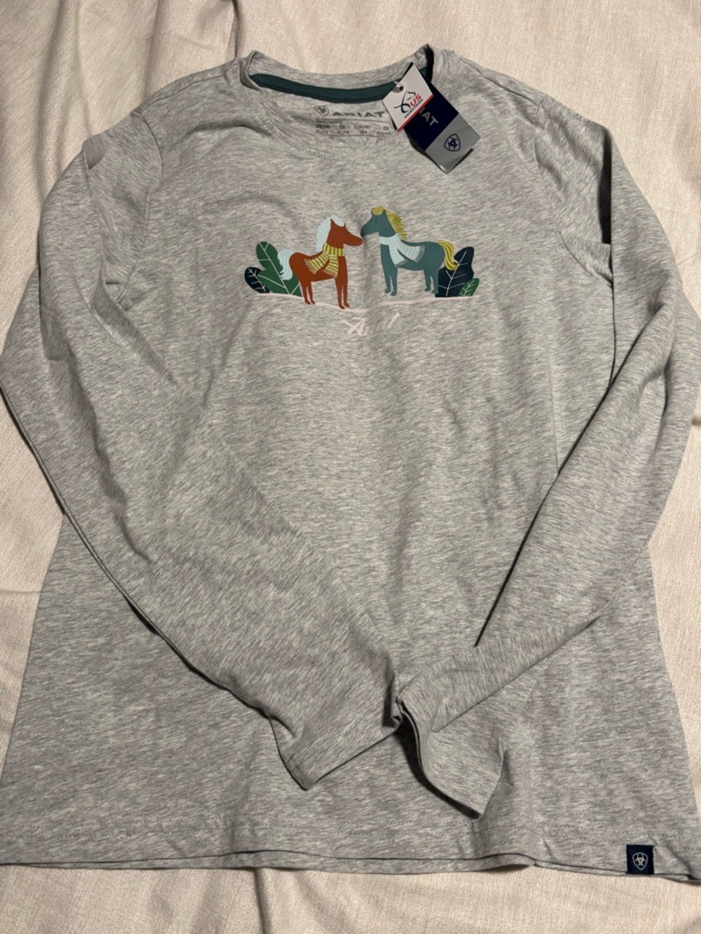 Ariat Light Gray Long-Sleeve Tee with horse print